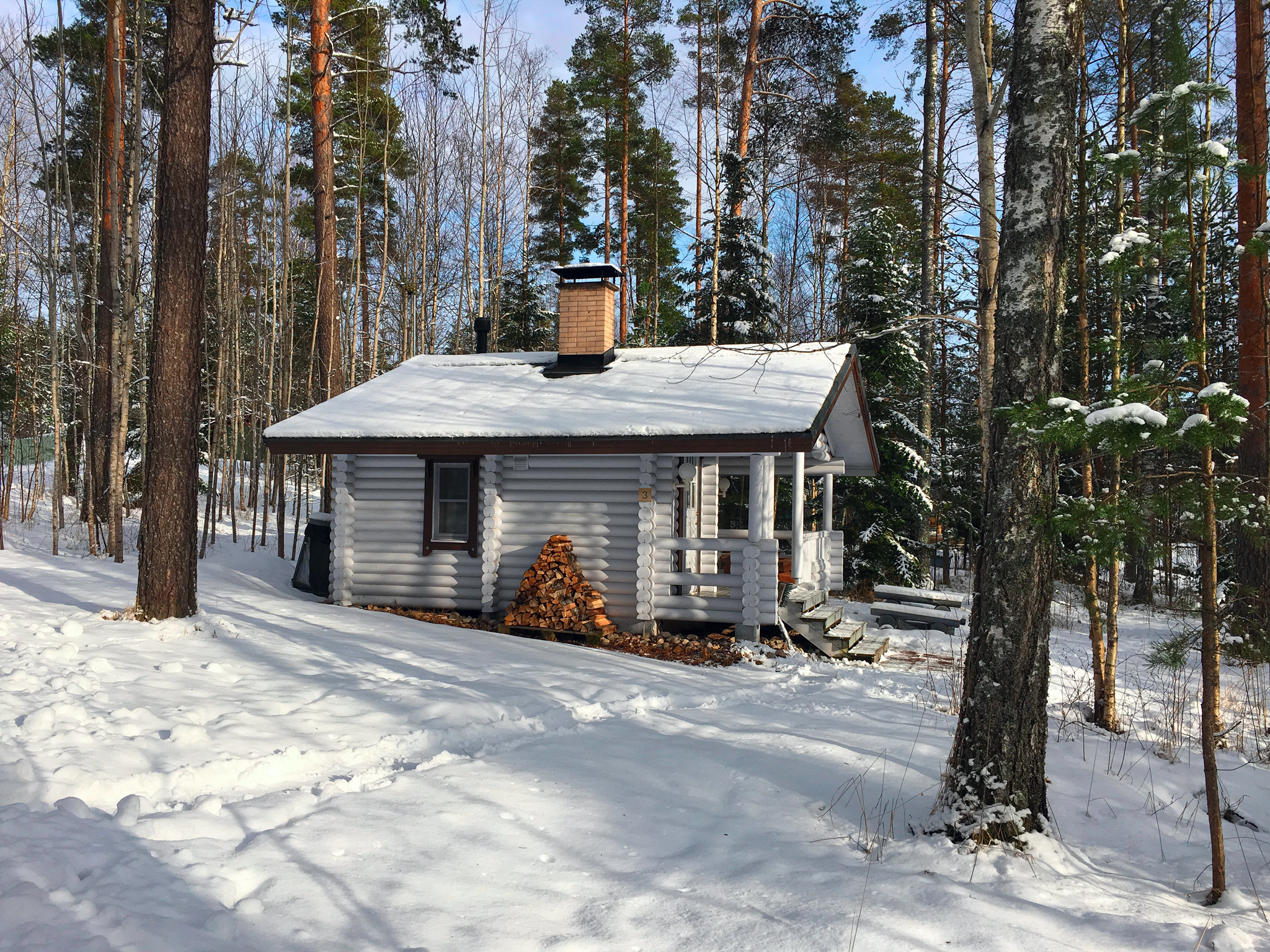 One of the Cabins with Sauna in winter.
