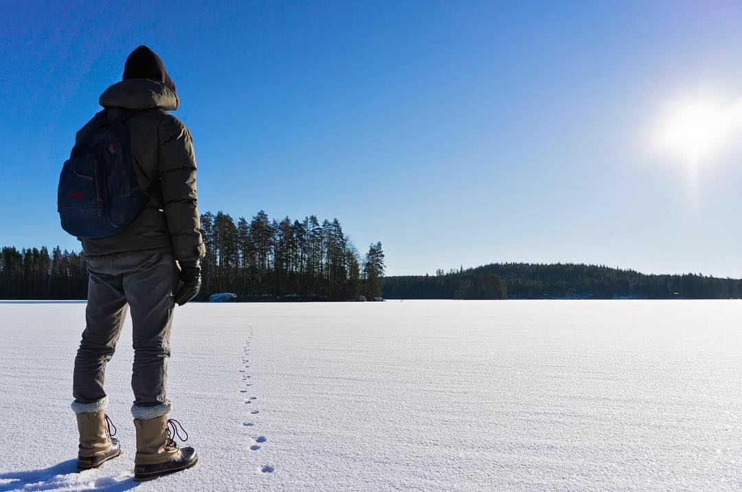 Winter hiking on the lake. 
